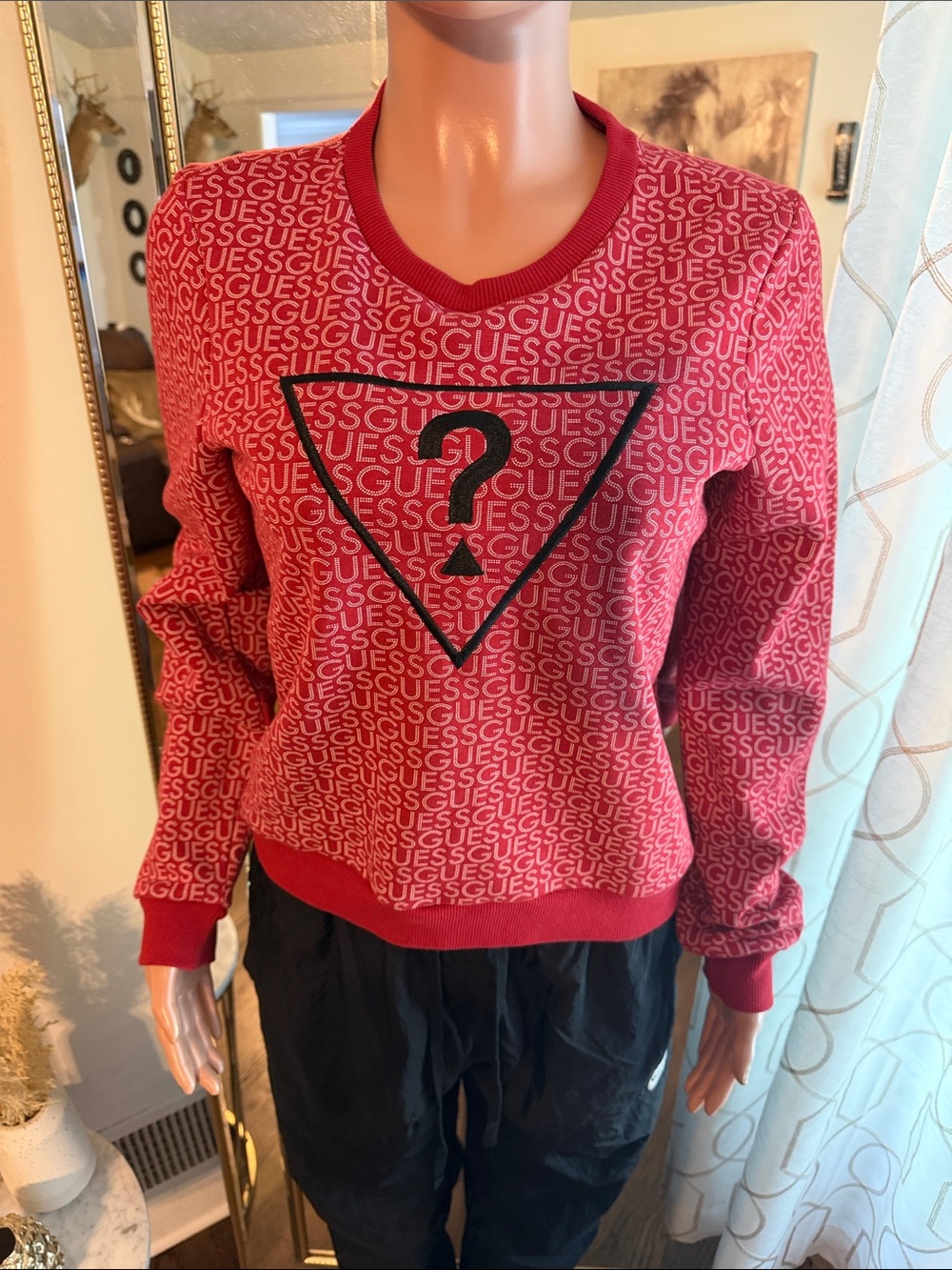 GUESS Red Allover Logo Crewneck Sweater with Black Logo